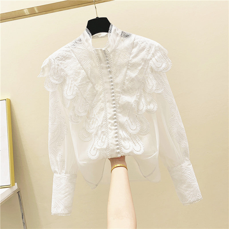 Women’s Embroidered Ruffle Stand Collar Lace Stitching White Shirt