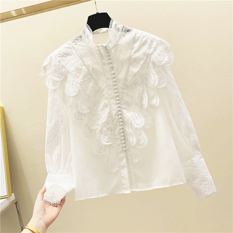 Women’s Embroidered Ruffle Stand Collar Lace Stitching White Shirt
