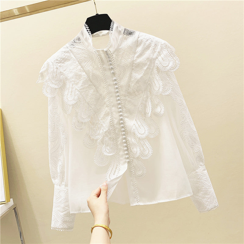 Women’s Embroidered Ruffle Stand Collar Lace Stitching White Shirt