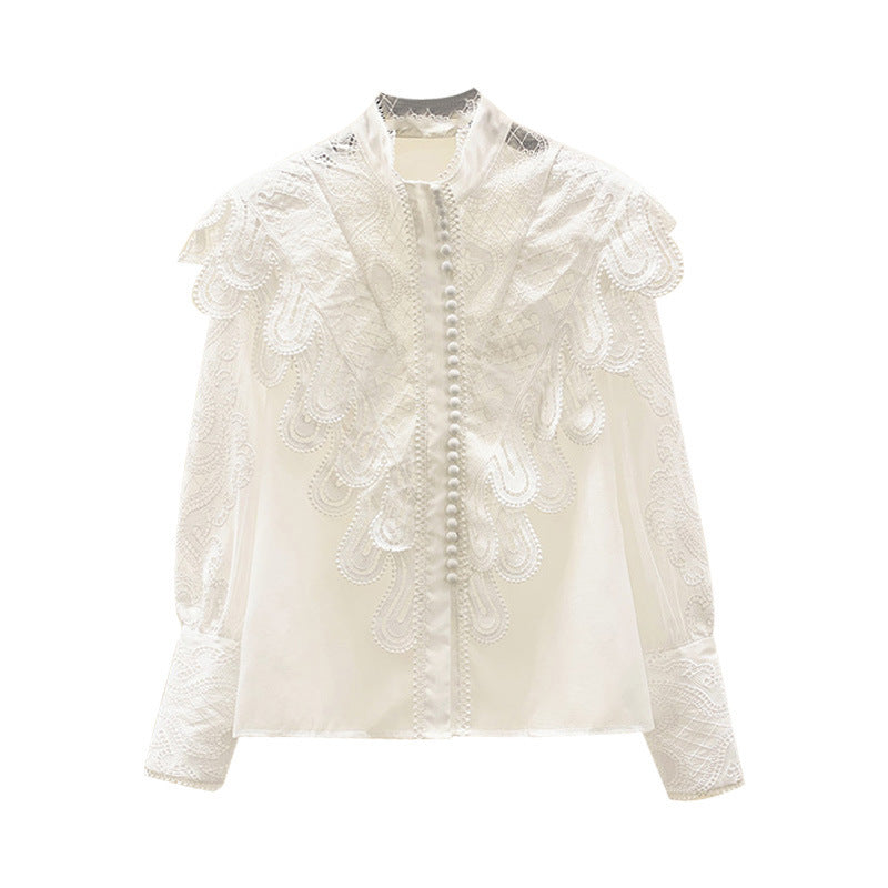 Women’s Embroidered Ruffle Stand Collar Lace Stitching White Shirt