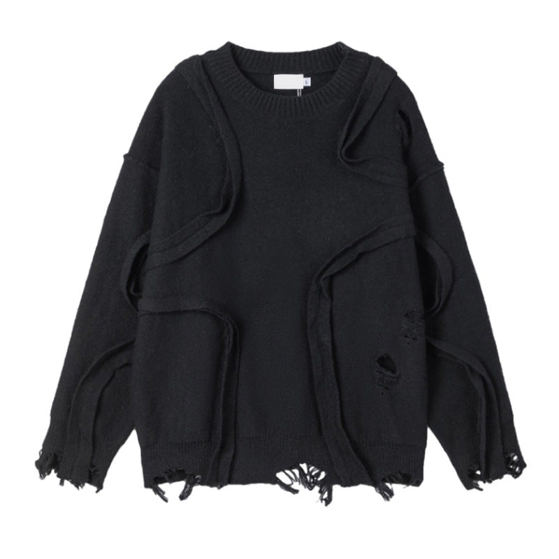 Winter New Retro Loose Fringe Design Round Neck Knitted - Black / S