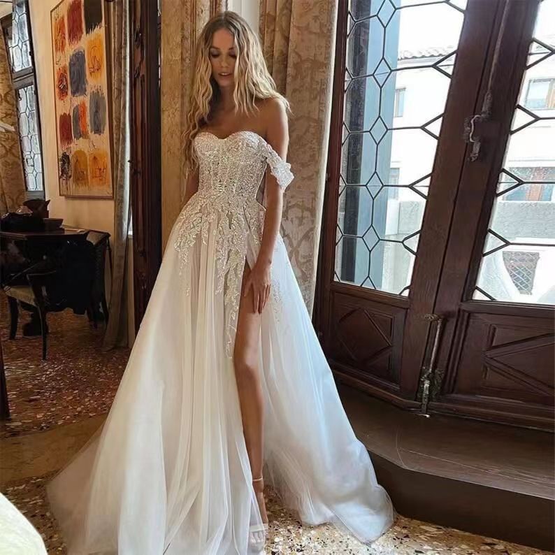 Fashion Heavy Industry Light Yarn Off-shoulder Tube Top High Waist Lady Evening Dress - Beige / S
