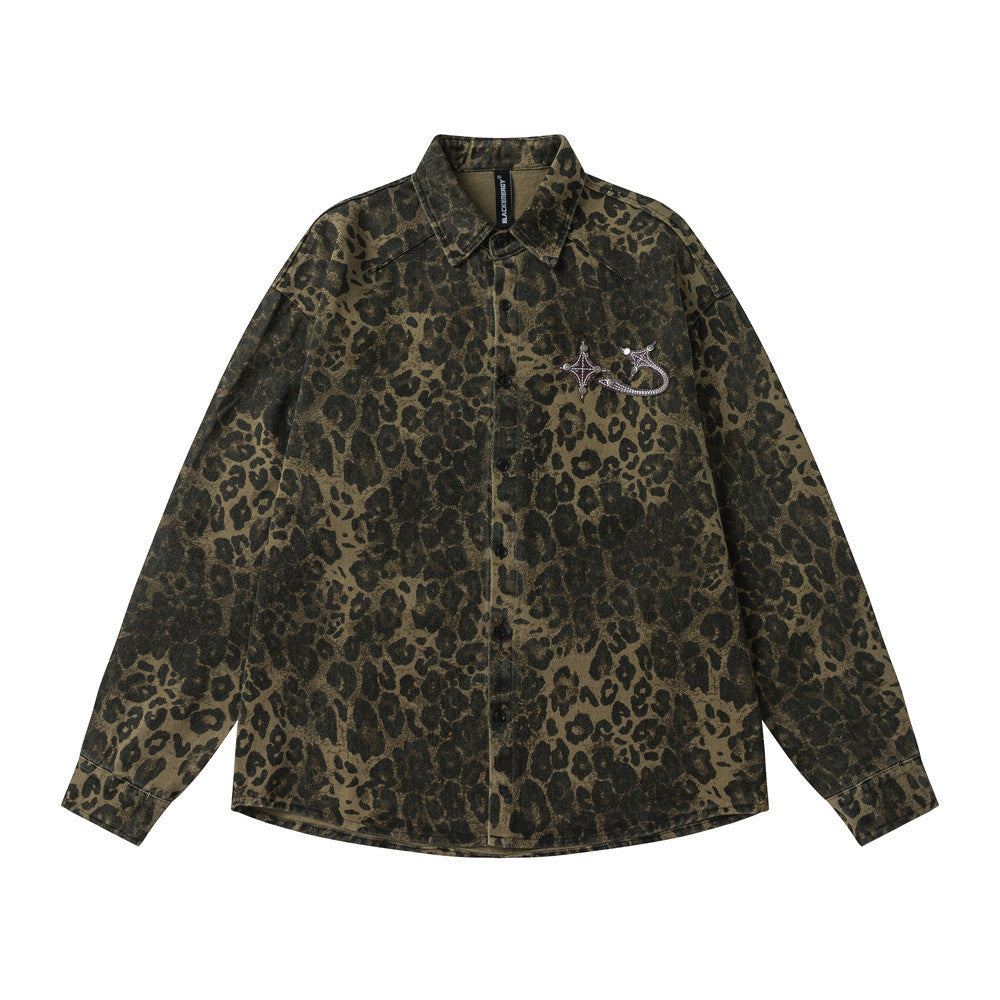 Fashion Polo Collar Casual Loose Distressed Shirt - Leopard Print / M