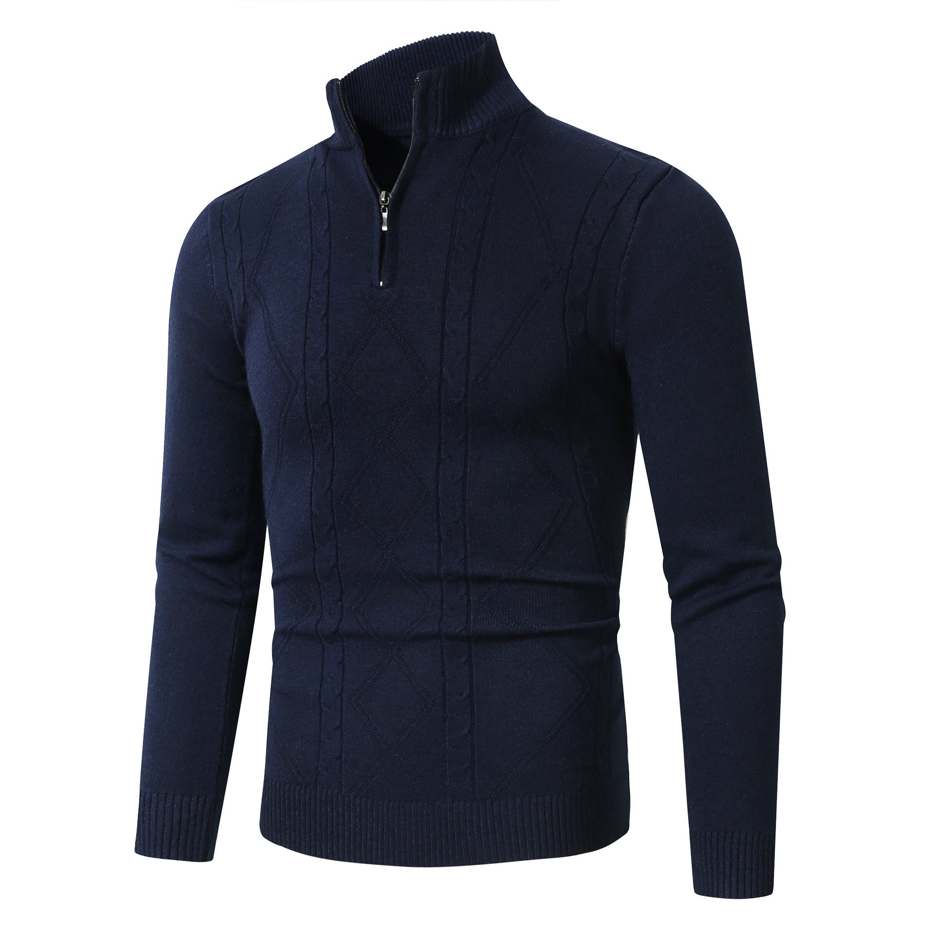 Fashion Rhombus Sweater Men’s Casual Stand Collar Long Sleeve Half Zipper Sweater - Navy Blue / M