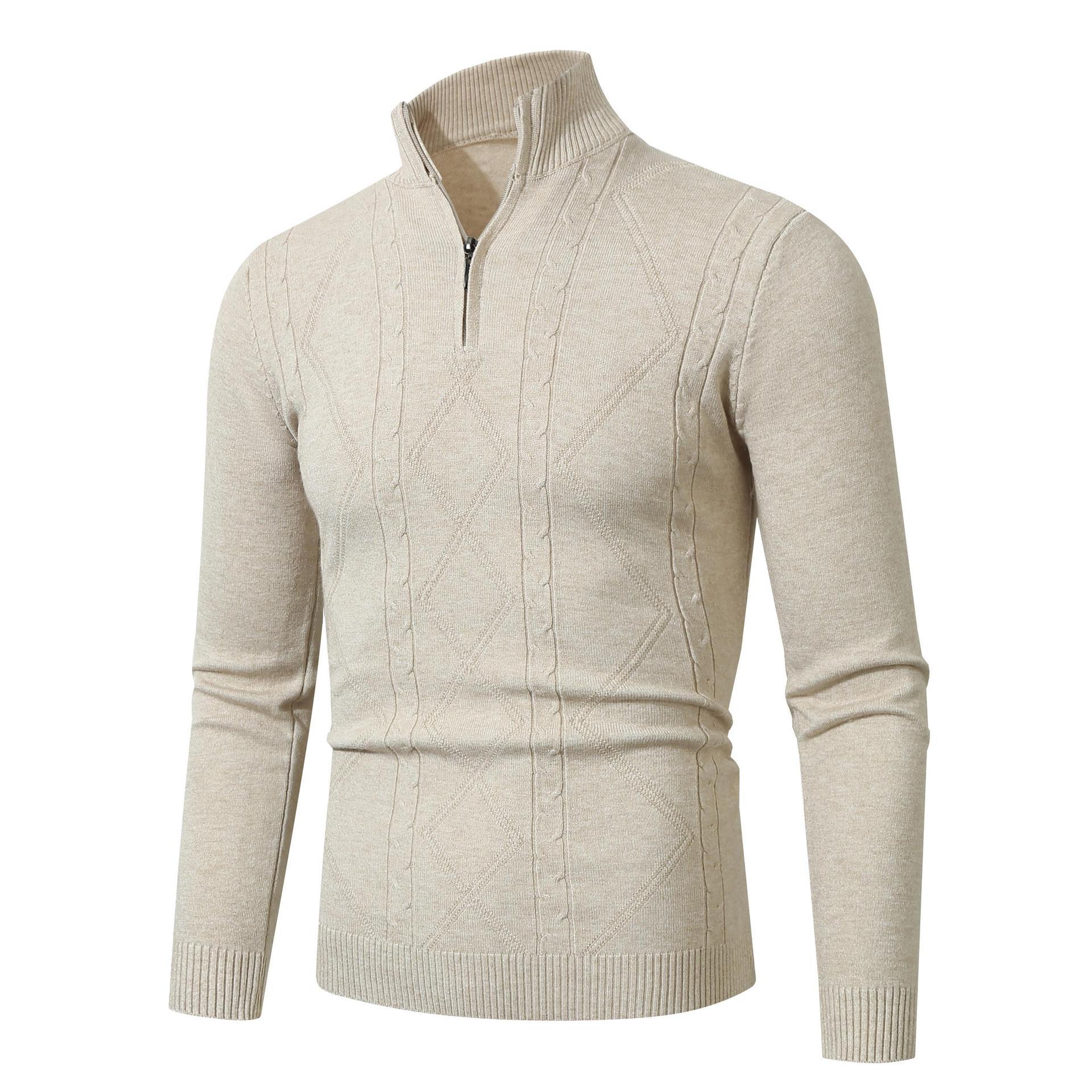 Fashion Rhombus Sweater Men’s Casual Stand Collar Long Sleeve Half Zipper Sweater