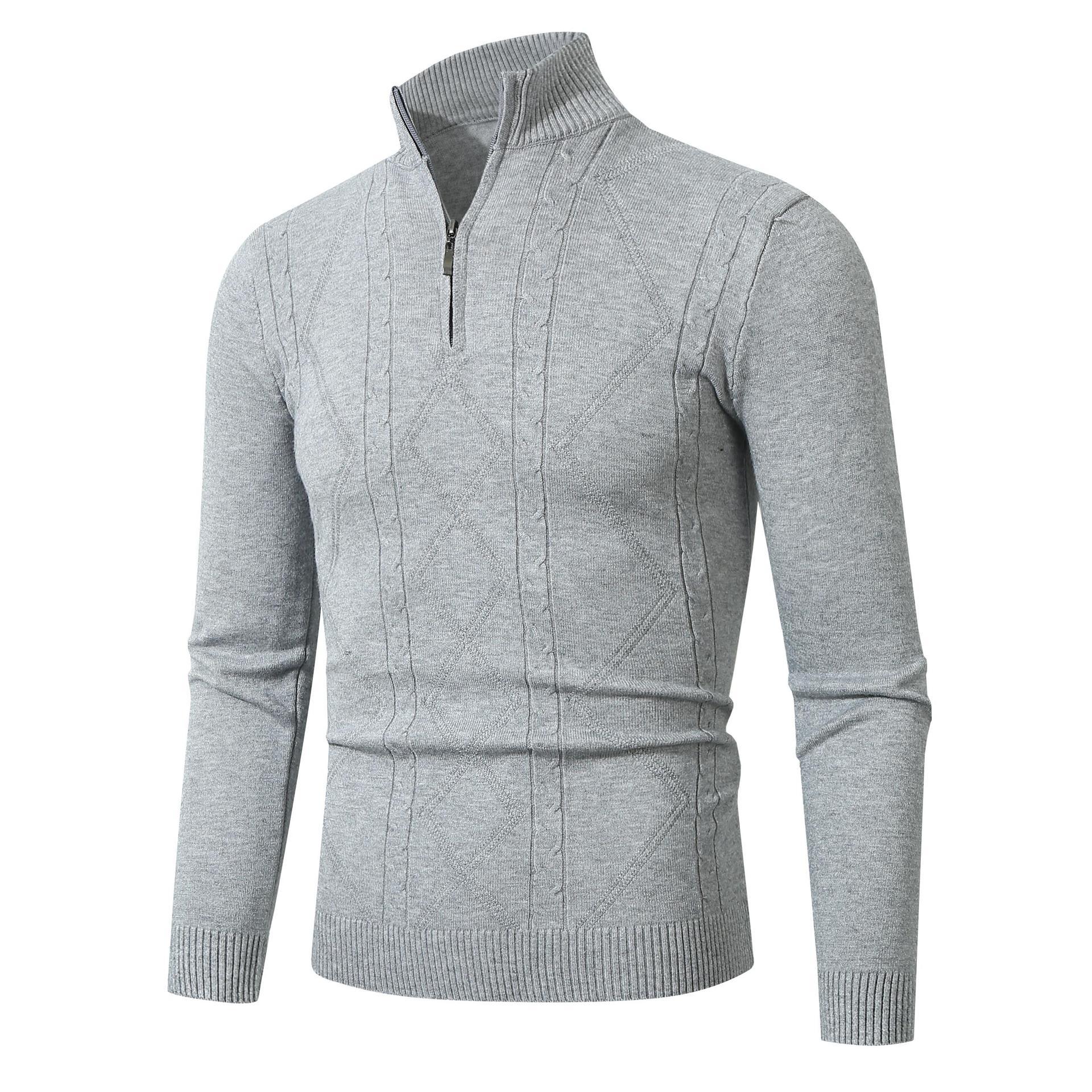 Fashion Rhombus Sweater Men’s Casual Stand Collar Long Sleeve Half Zipper Sweater