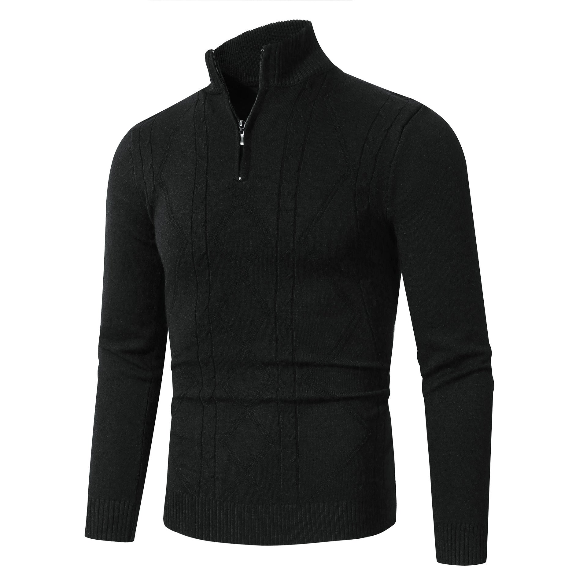 Fashion Rhombus Sweater Men’s Casual Stand Collar Long Sleeve Half Zipper Sweater - Black / M