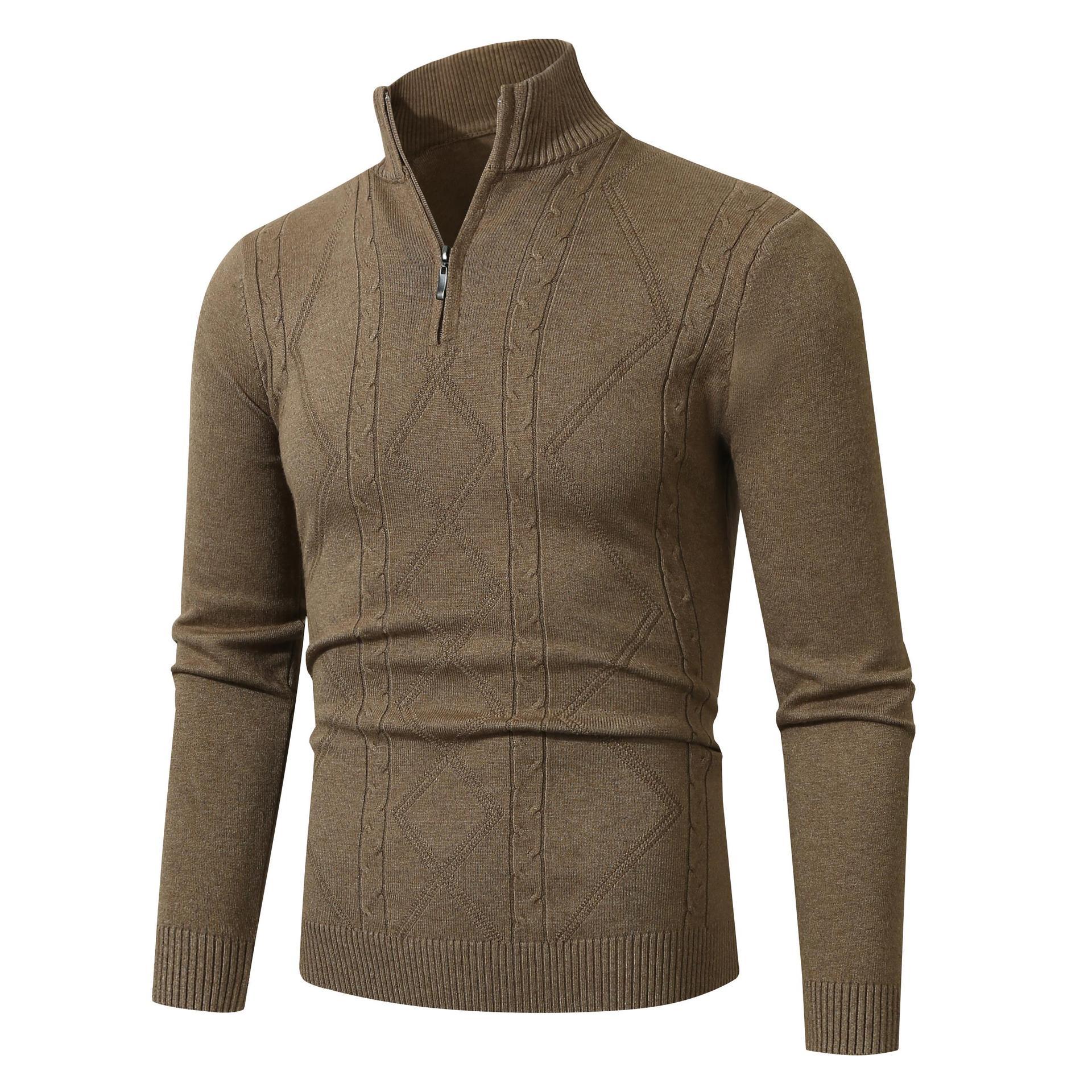 Fashion Rhombus Sweater Men’s Casual Stand Collar Long Sleeve Half Zipper Sweater