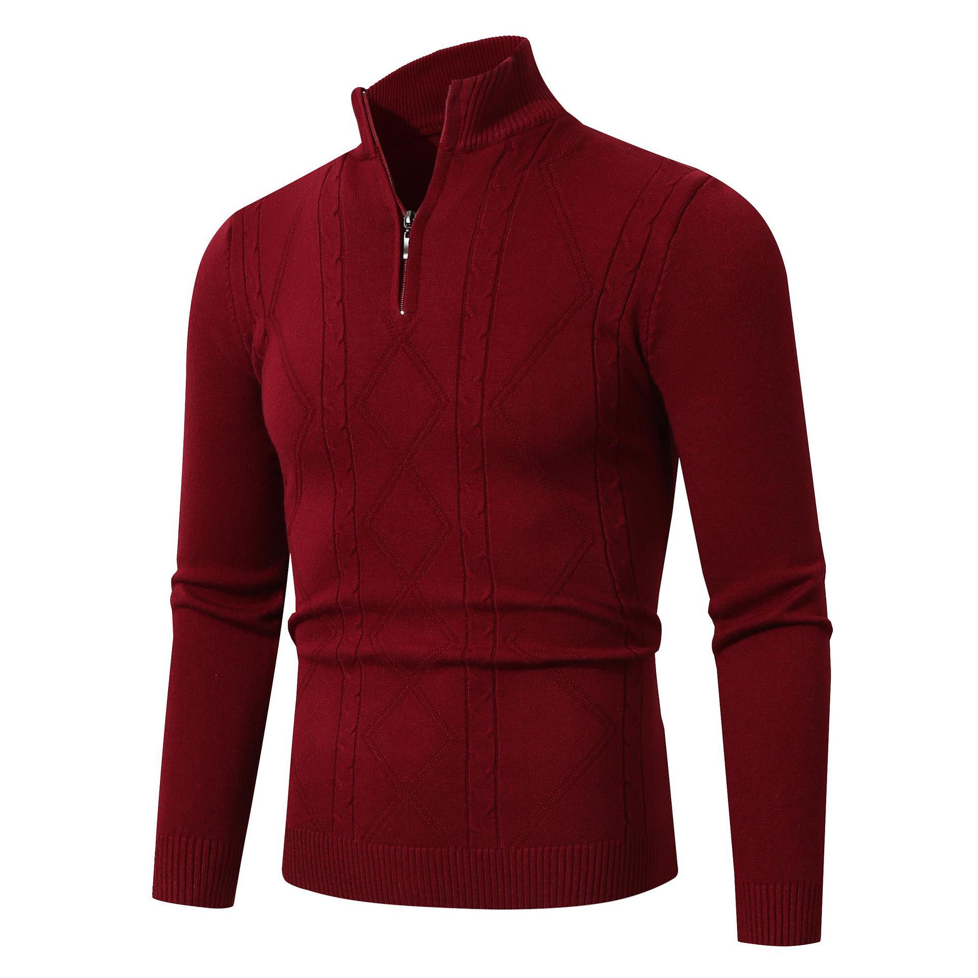 Fashion Rhombus Sweater Men’s Casual Stand Collar Long Sleeve Half Zipper Sweater - Wine Red / M