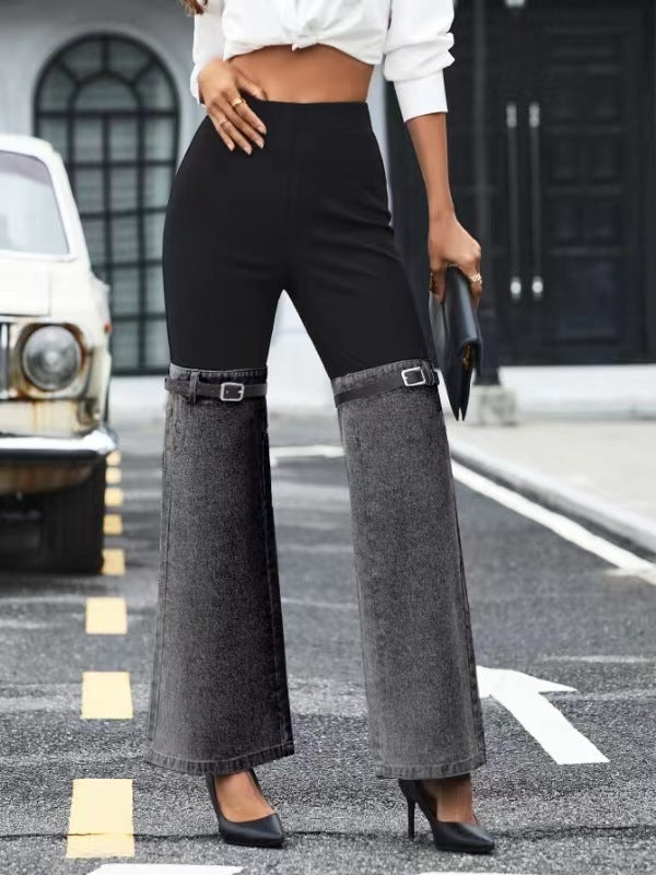 Fashion Slim Knit Denim Stitching Elastic Waist - Stitching Denim Gray / S
