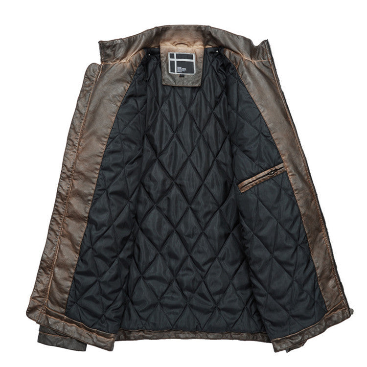 Fashion Thick Solid Color Retro Men’s Leather Jacket