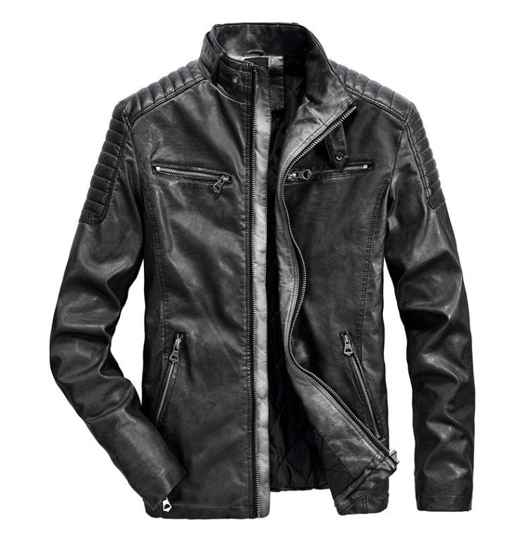 Fashion Thick Solid Color Retro Men’s Leather Jacket