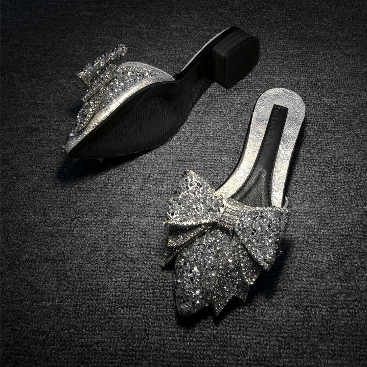 Fashion Women’s Rhinestone Pointed Bow Half Slippers
