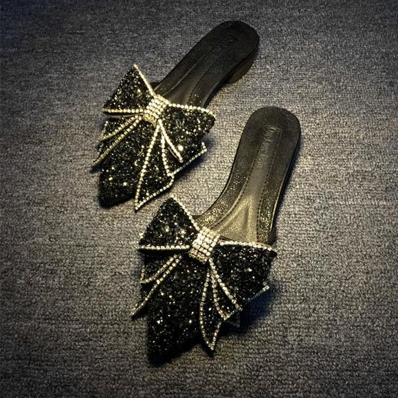 Fashion Women’s Rhinestone Pointed Bow Half Slippers