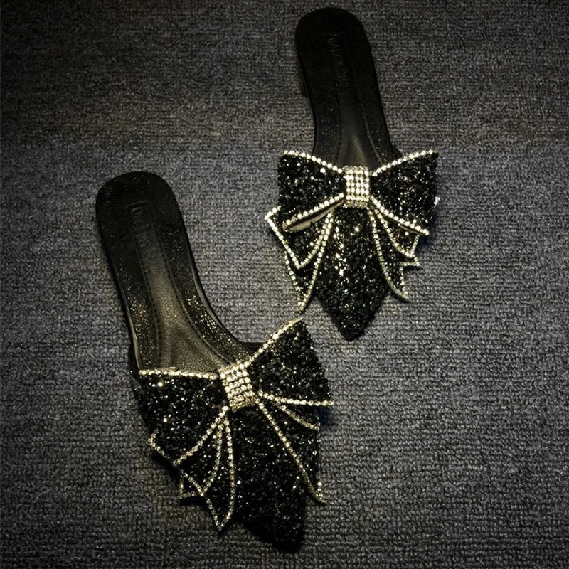 Fashion Women’s Rhinestone Pointed Bow Half Slippers