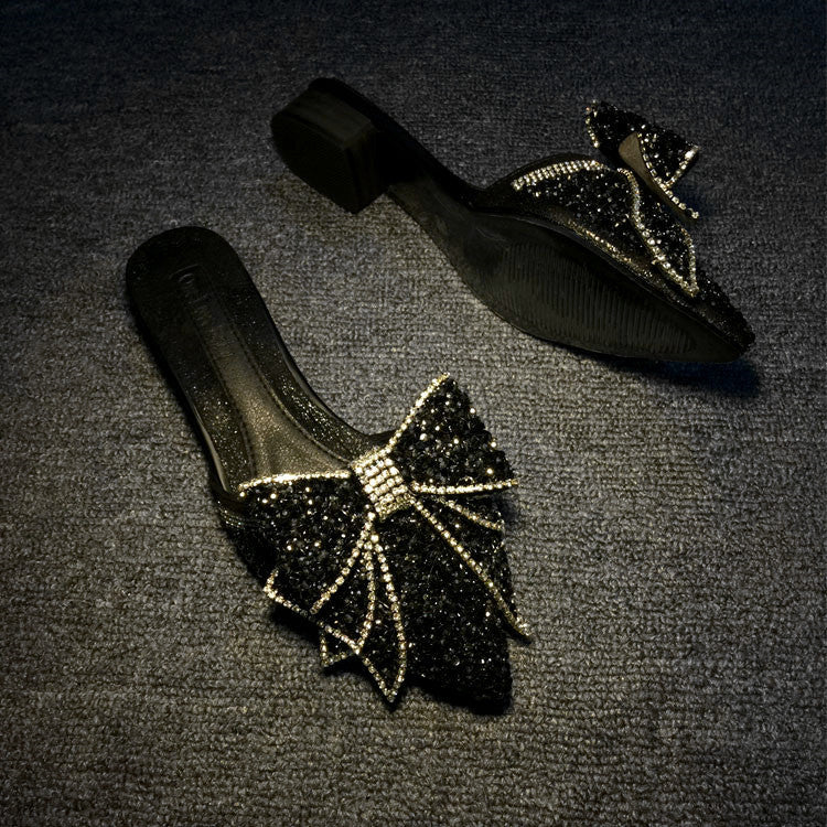 Fashion Women’s Rhinestone Pointed Bow Half Slippers