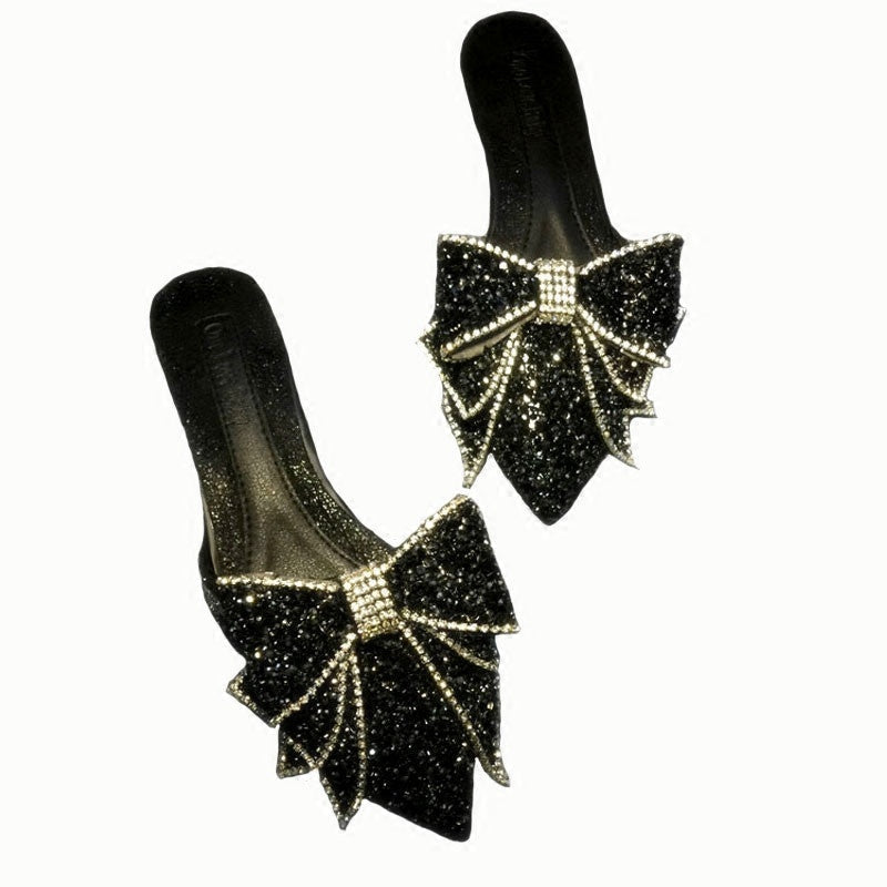 Fashion Women’s Rhinestone Pointed Bow Half Slippers