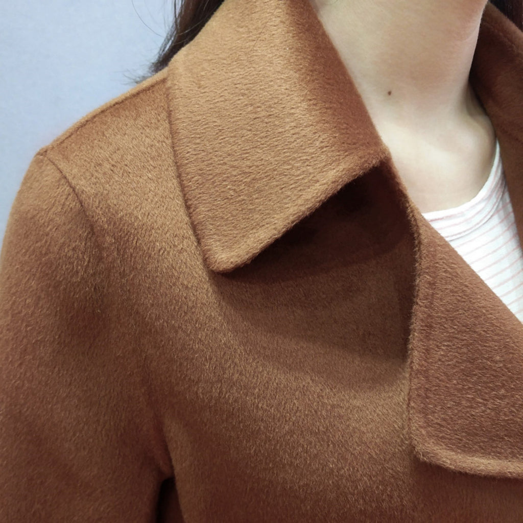 Fashionable Long Knee Length Woolen Jacket - Caramel color without shoulde / XS