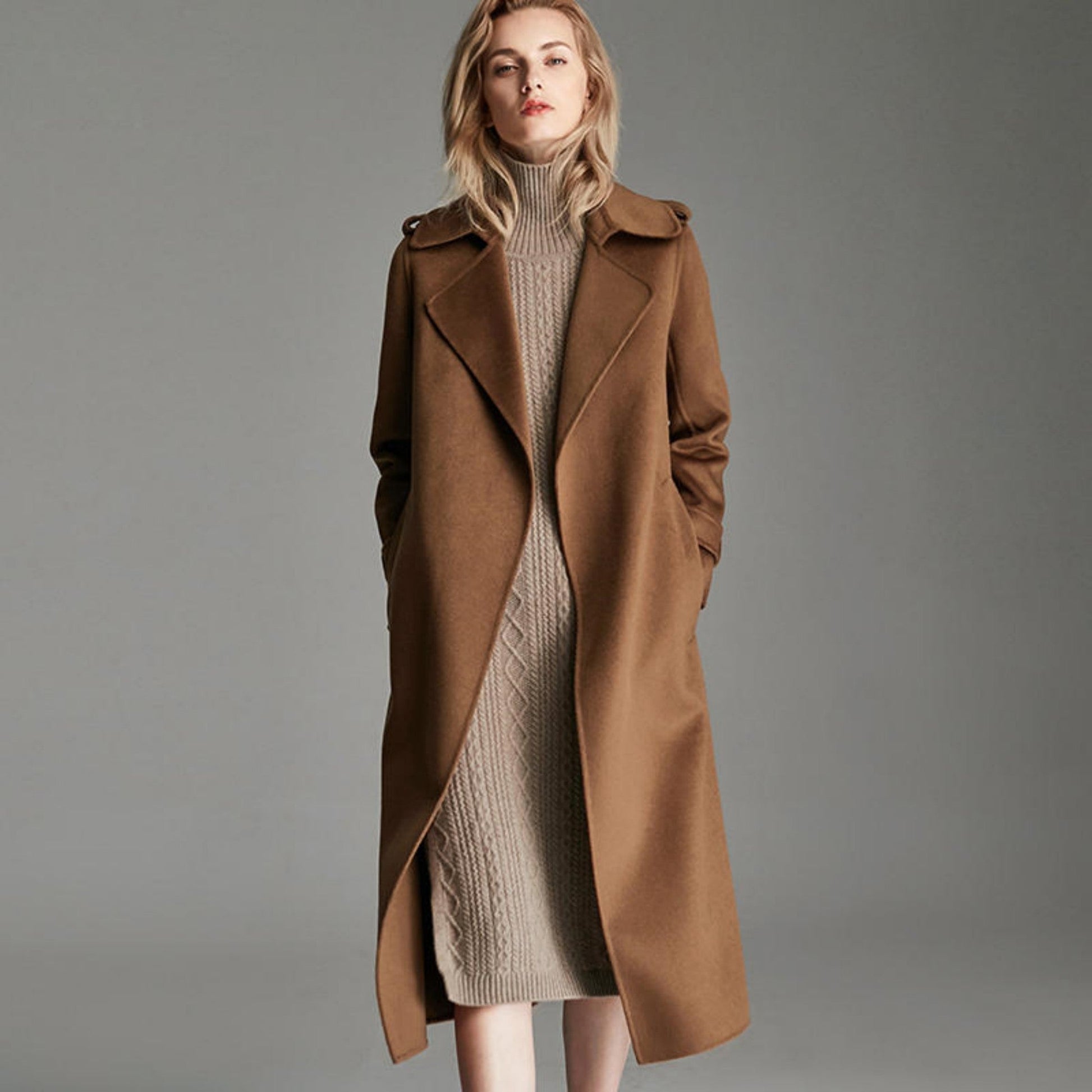Fashionable Long Knee Length Woolen Jacket - Caramel color / XS