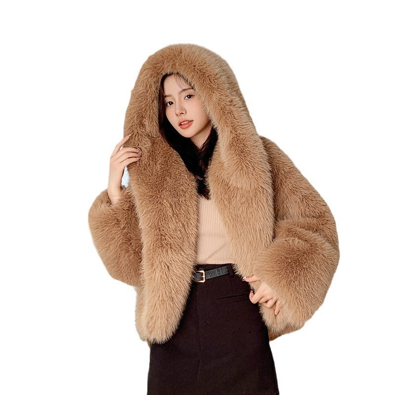 Women’s Green Fur Faux Fox Fur Hooded Coat