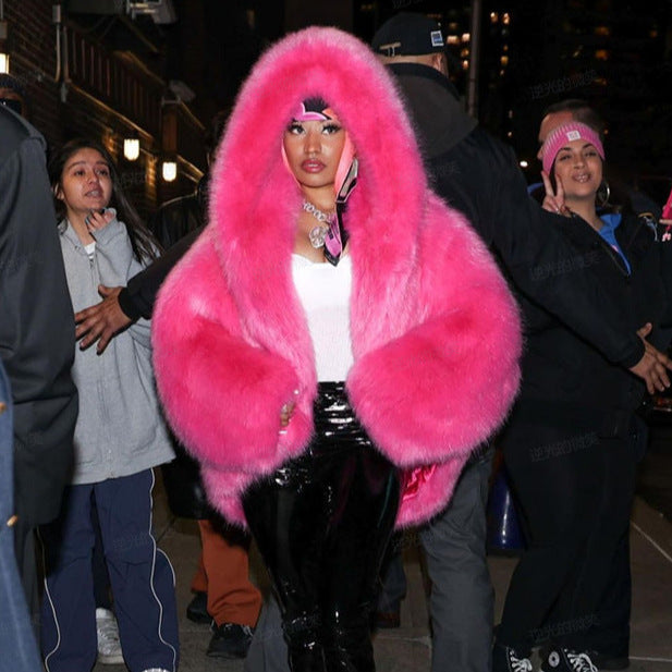Women’s Green Fur Faux Fox Fur Hooded Coat