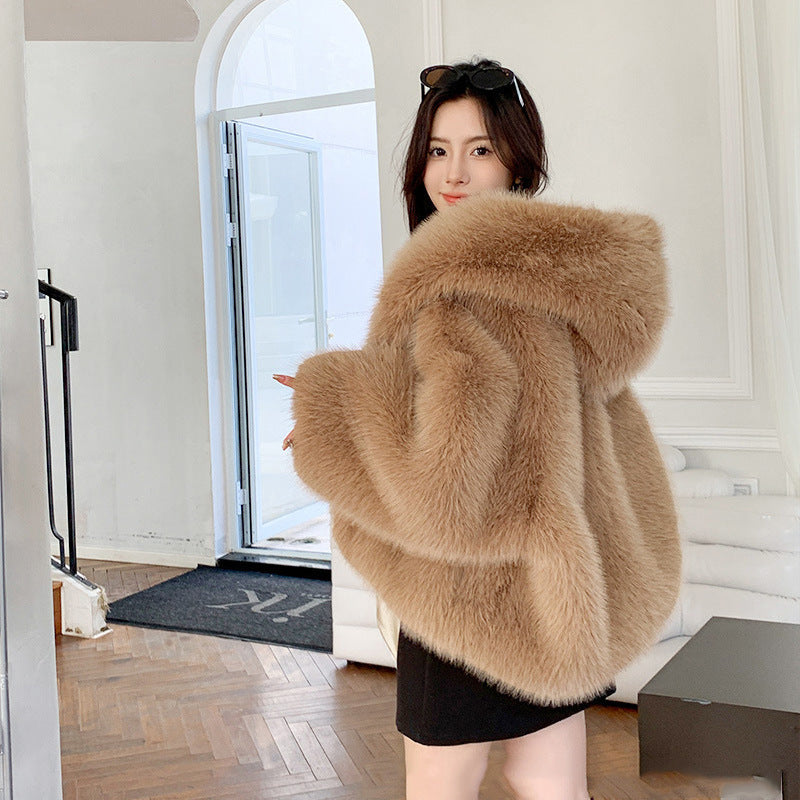 Women’s Green Fur Faux Fox Fur Hooded Coat