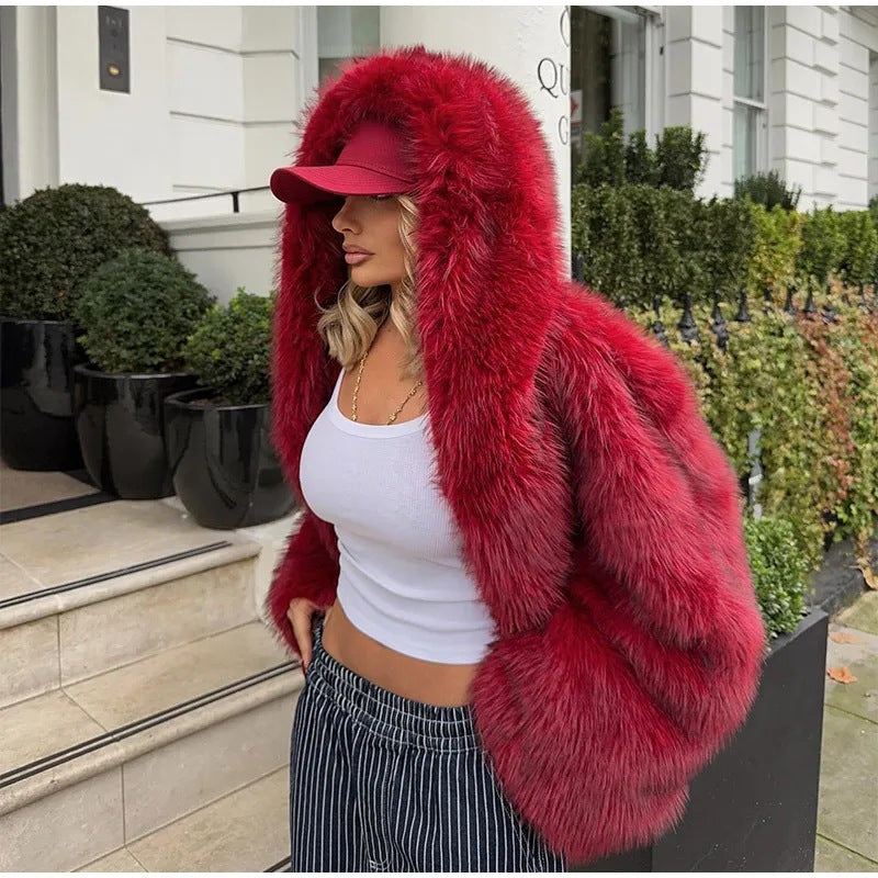 Women’s Green Fur Faux Fox Fur Hooded Coat - Angora Red / XS