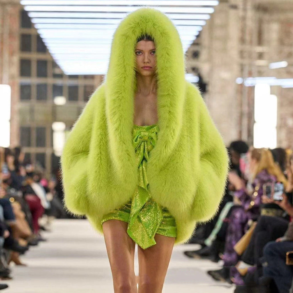 Women’s Green Fur Faux Fox Fur Hooded Coat - Fruit Green / XS