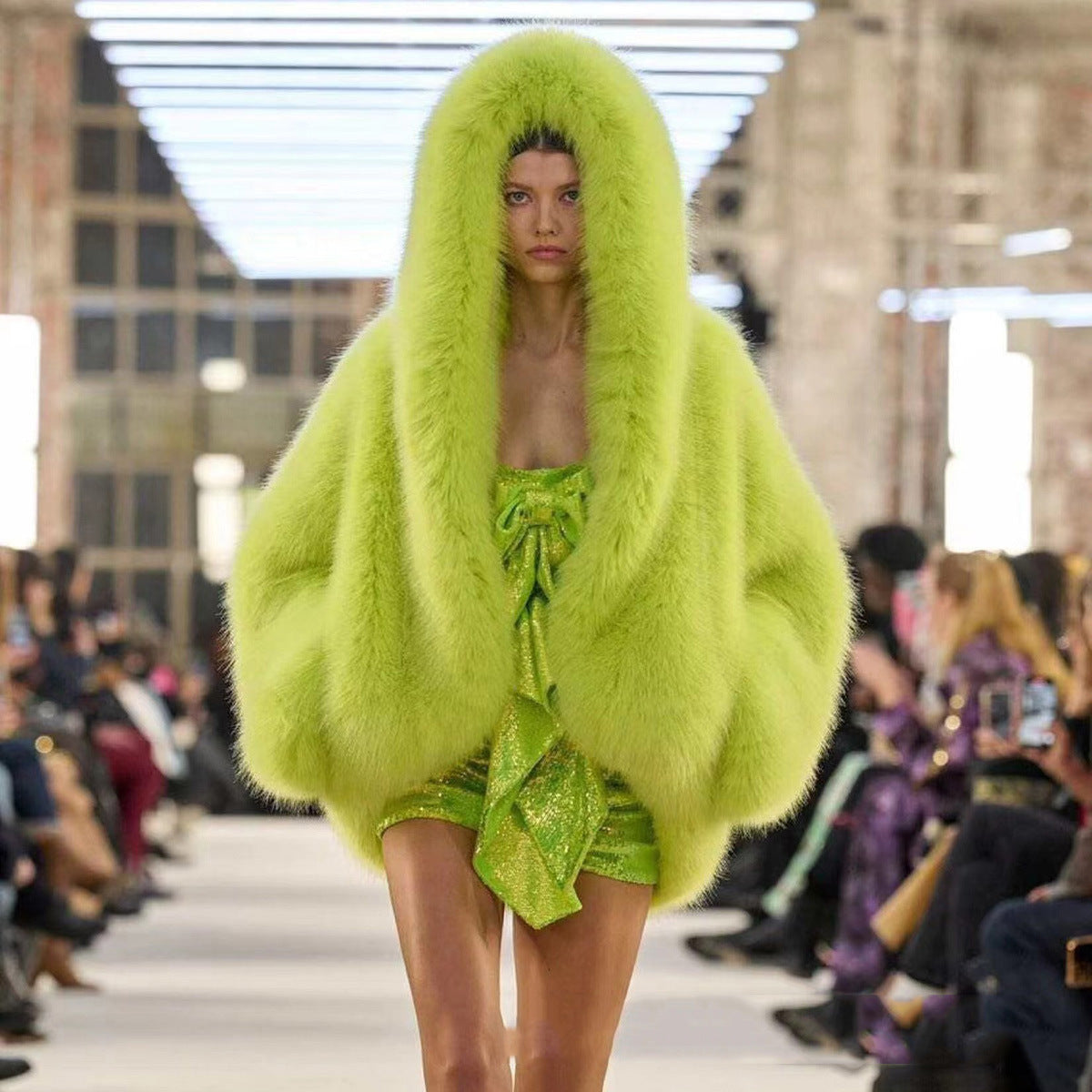 Women’s Green Fur Faux Fox Fur Hooded Coat - Fruit Green / XS