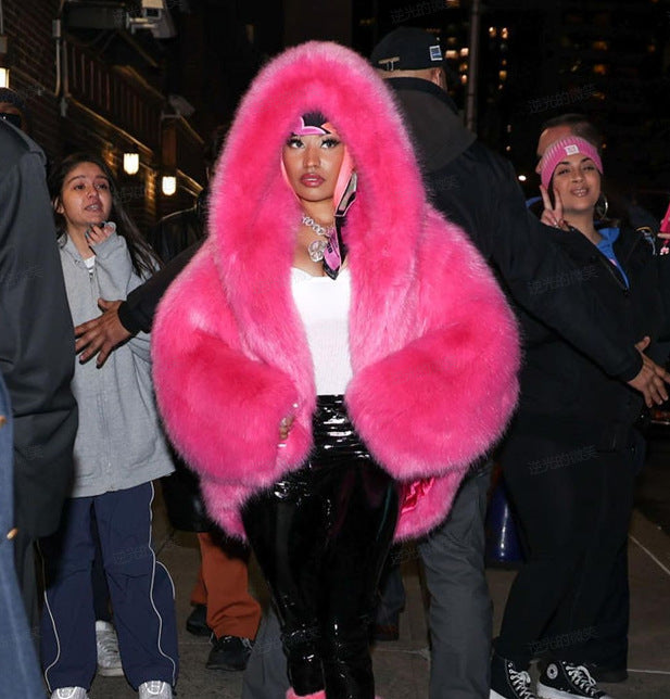 Women’s Green Fur Faux Fox Fur Hooded Coat - Rose Red / XS