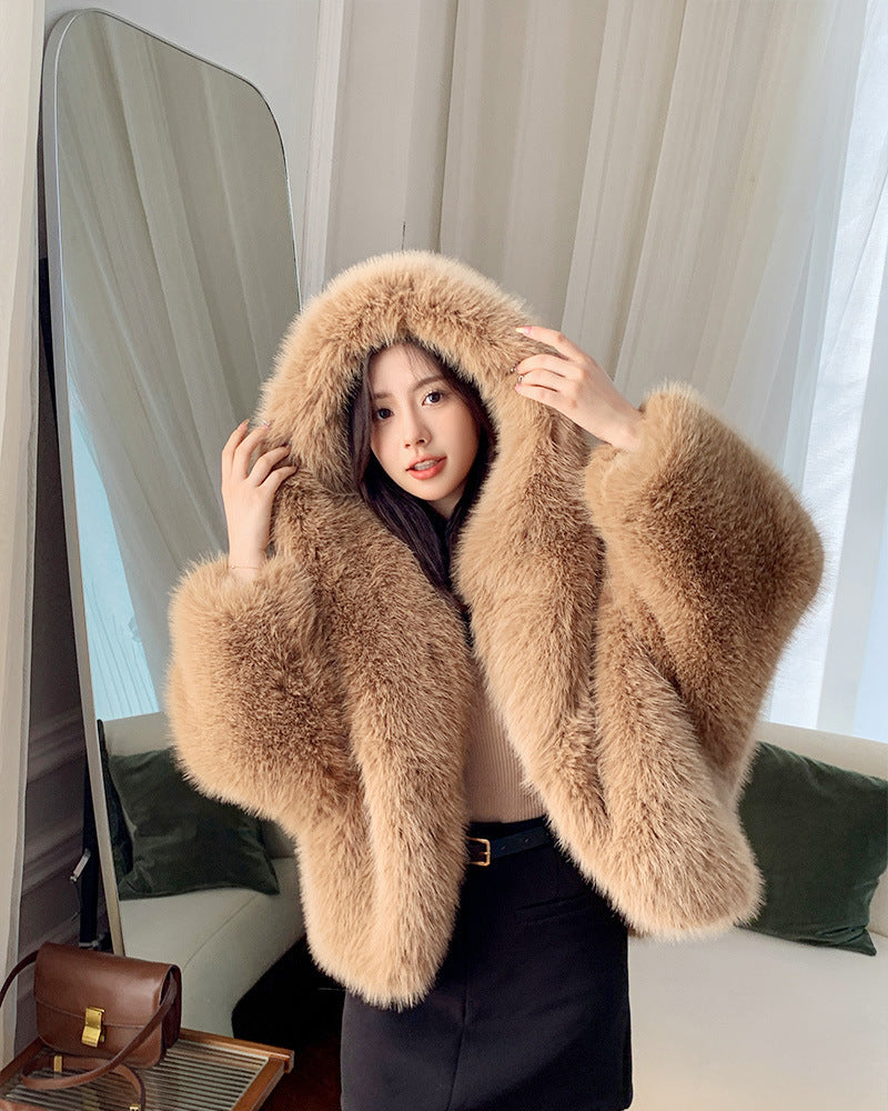 Women’s Green Fur Faux Fox Fur Hooded Coat - Yellow Brown / XS