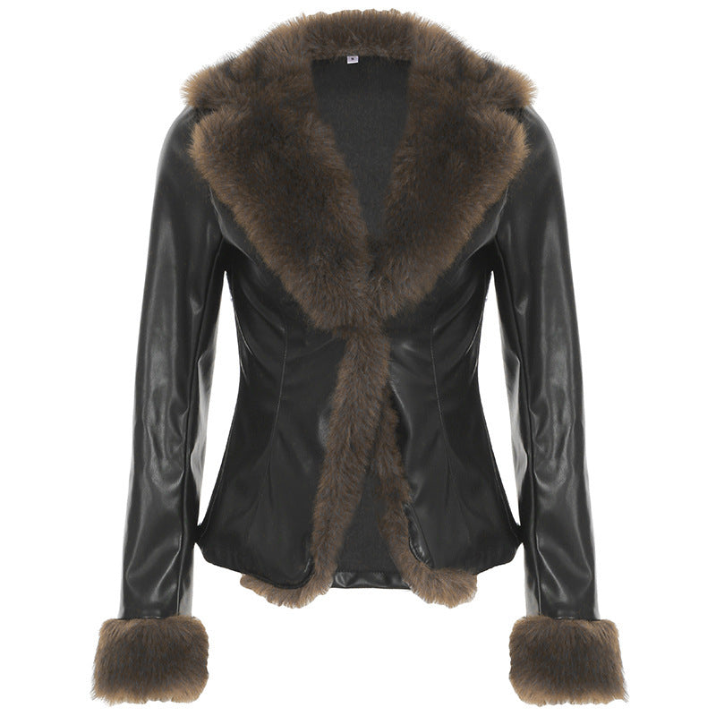 American Street Loose Fur Collar Leather Coat - Black / S