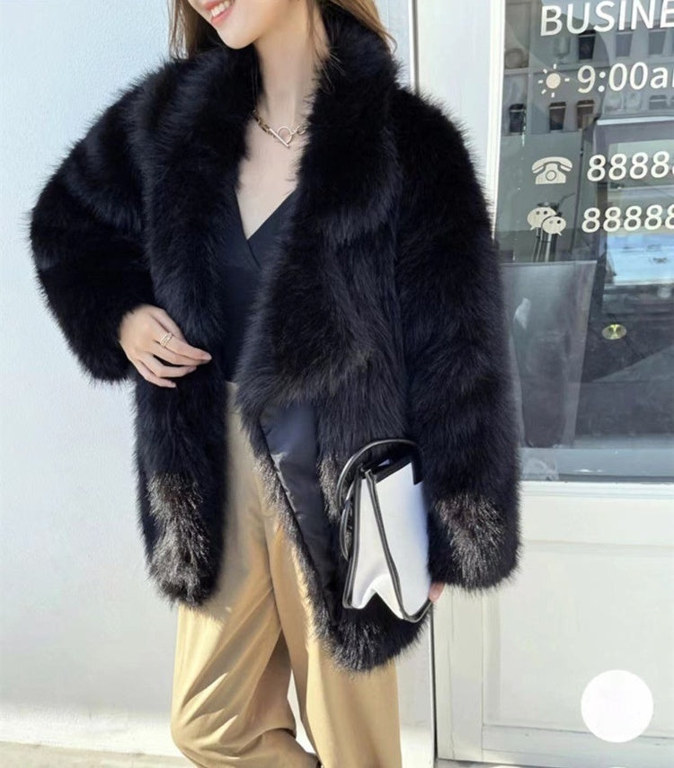 Mid-length Loose Comfortable Suit Large Lapel Artificial Wool Coat - Black / S