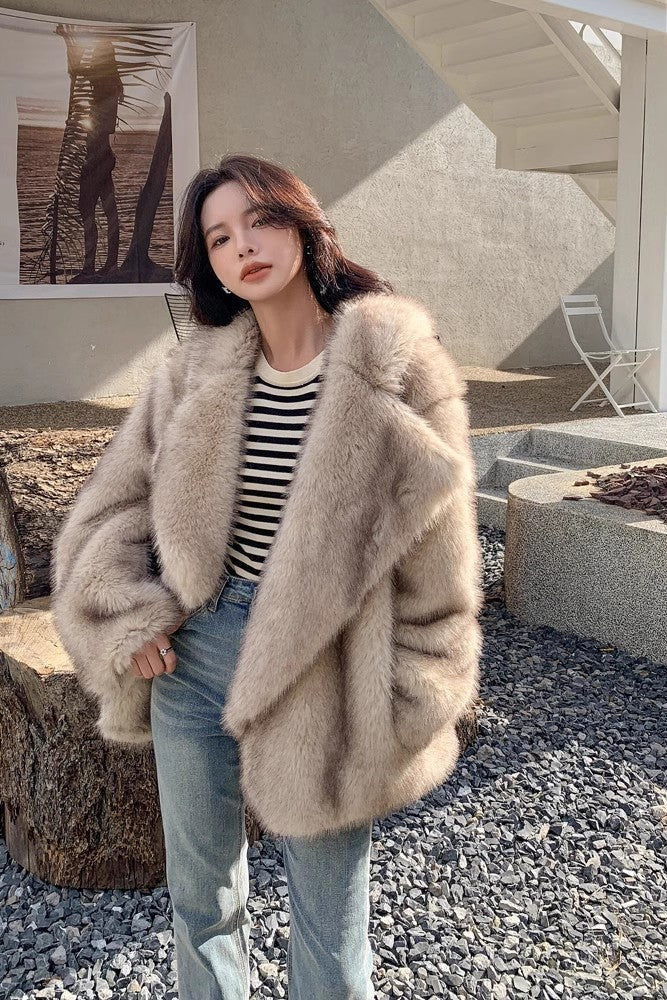 Mid-length Loose Comfortable Suit Large Lapel Artificial Wool Coat - Gray Coffee Color / S