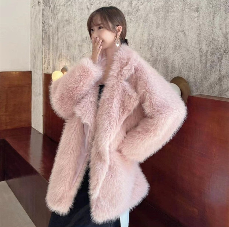 Mid-length Loose Comfortable Suit Large Lapel Artificial Wool Coat - Pink / S
