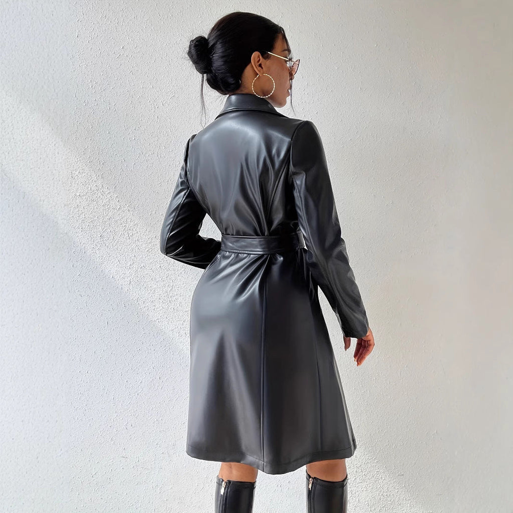 PU Long Sleeve Women’s Slim Fit Long Trench Coat
