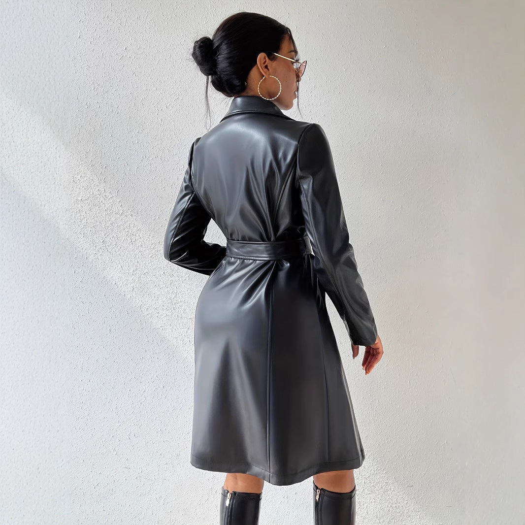 PU Long Sleeve Women’s Slim Fit Long Trench Coat