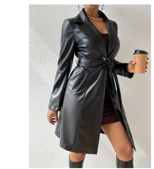 PU Long Sleeve Women’s Slim Fit Long Trench Coat