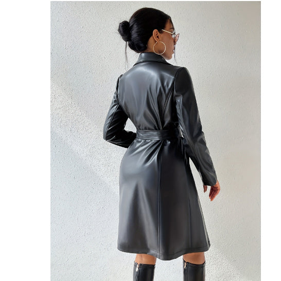 PU Long Sleeve Women’s Slim Fit Long Trench Coat