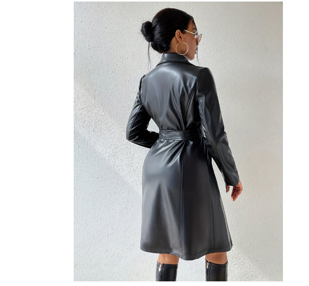 PU Long Sleeve Women’s Slim Fit Long Trench Coat