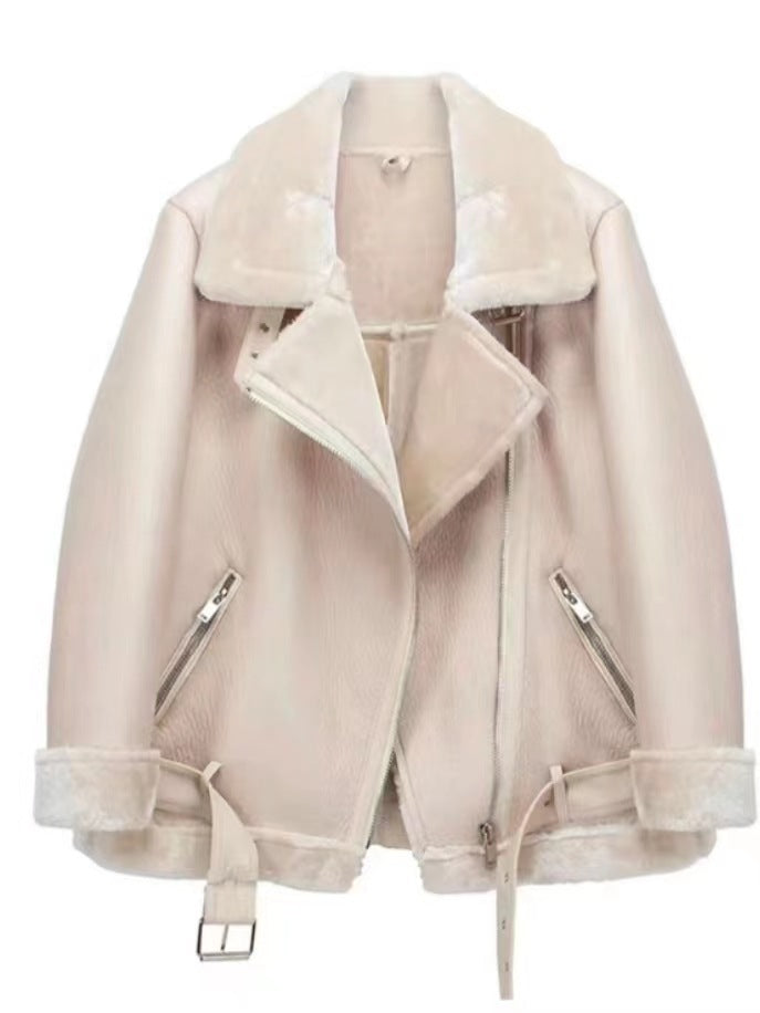 Fur Coat Women’s Fleece-lined Thick Motorcycle Jacket - Beige Fine Wool / S