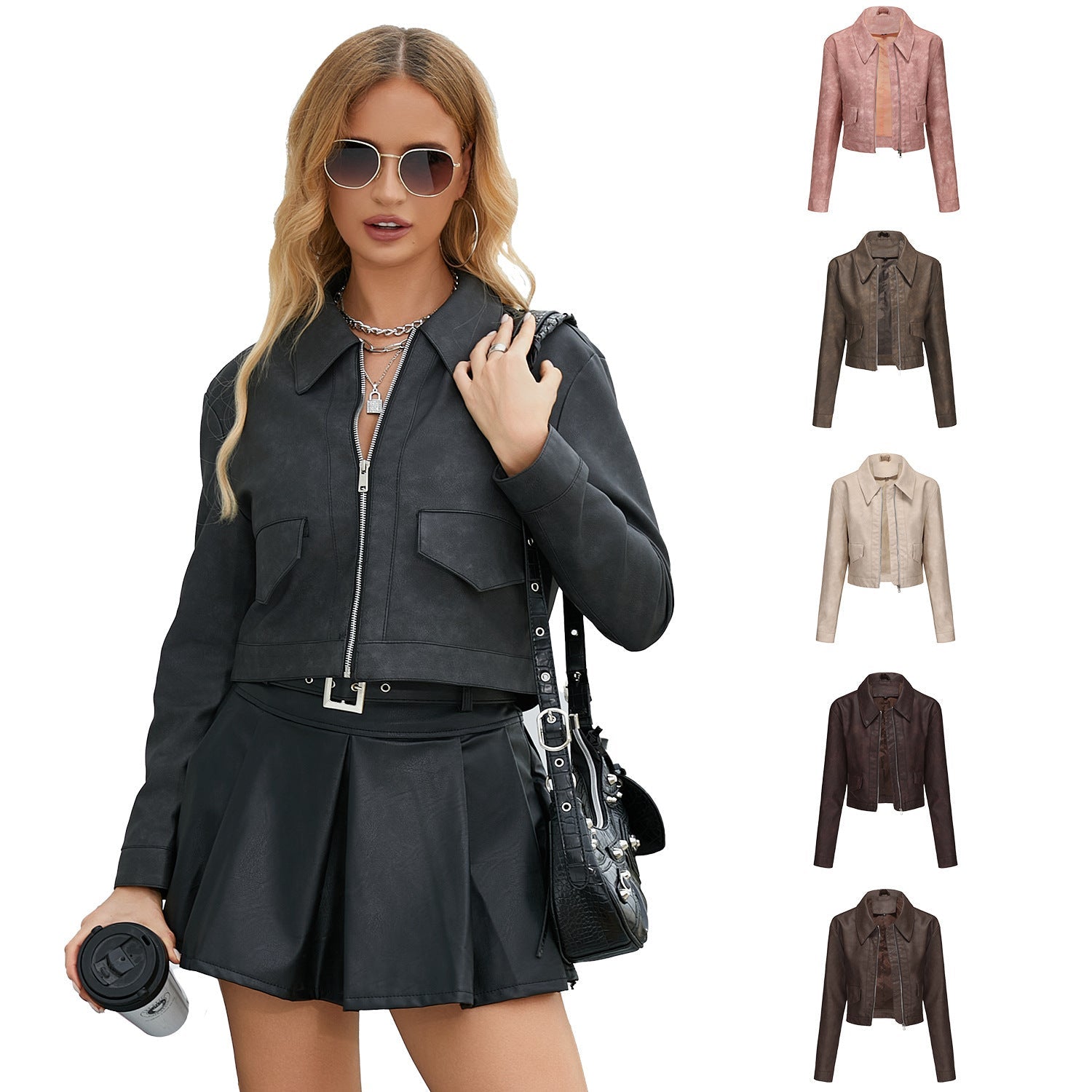 Women’s Long-sleeved Fashionable Faux Leather Jacket
