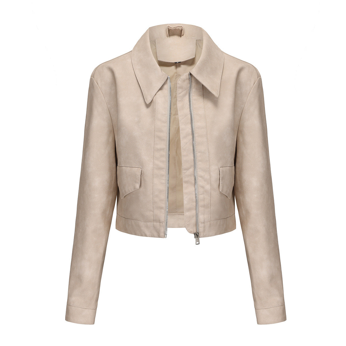 Women’s Long-sleeved Fashionable Faux Leather Jacket - Beige / S