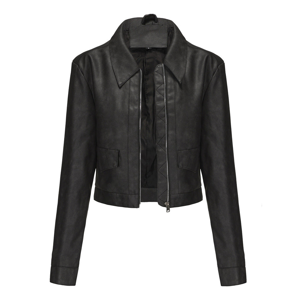 Women’s Long-sleeved Fashionable Faux Leather Jacket - Black / S