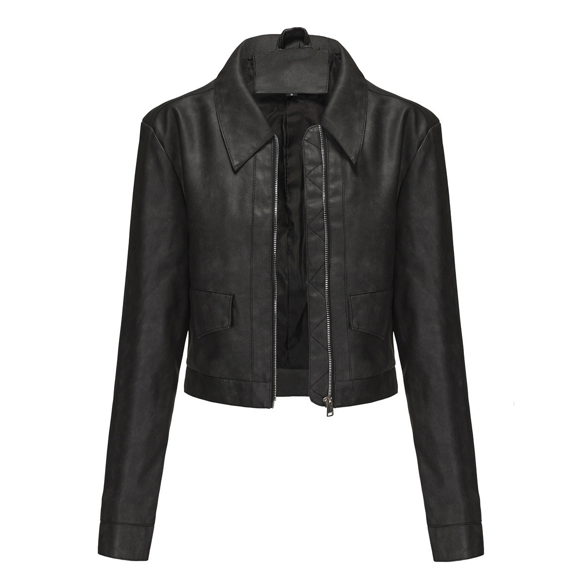 Women’s Long-sleeved Fashionable Faux Leather Jacket - Black / S