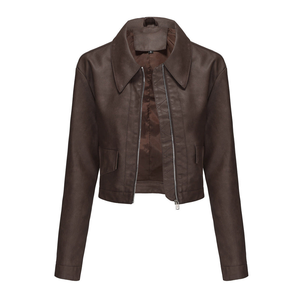 Women’s Long-sleeved Fashionable Faux Leather Jacket - Brown / S