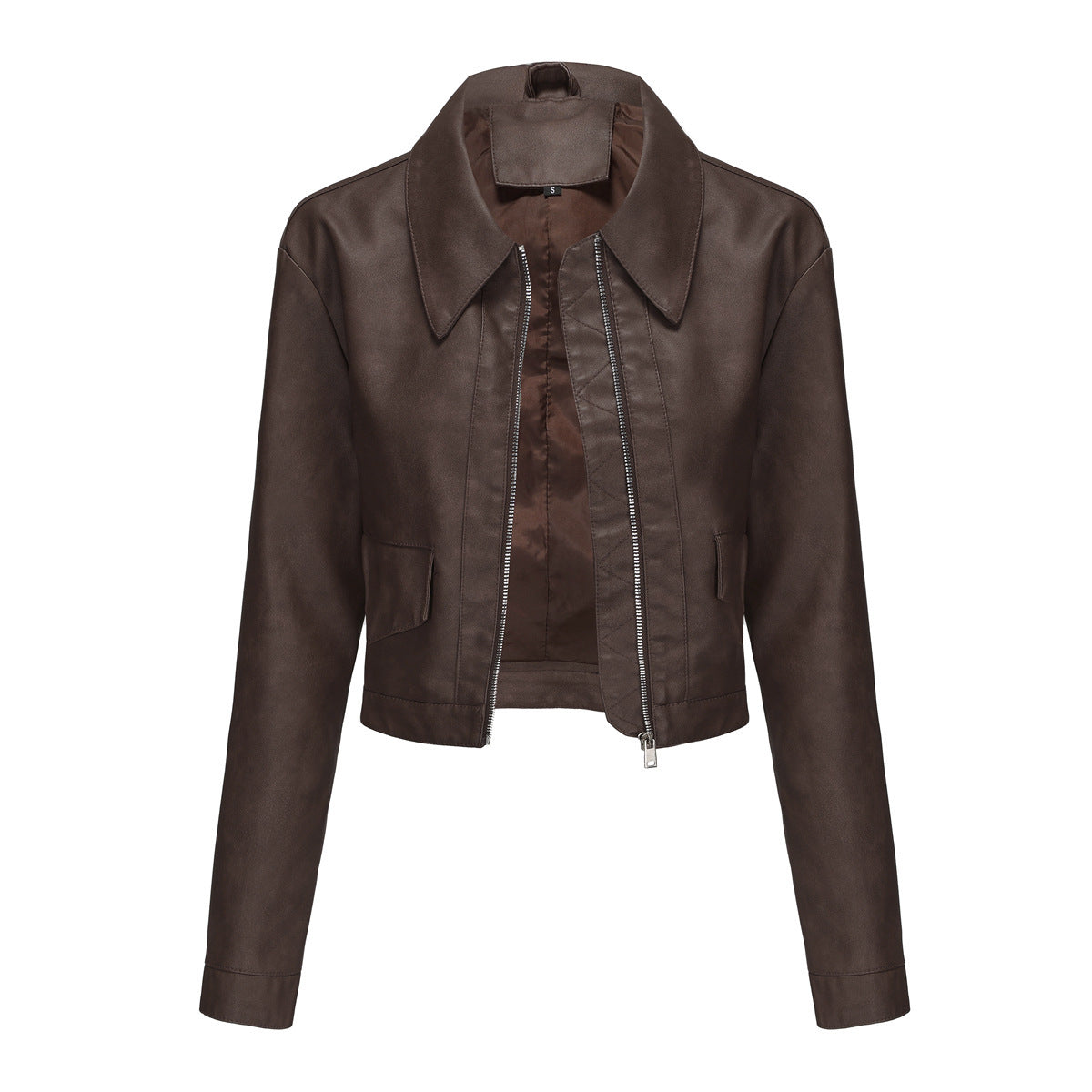 Women’s Long-sleeved Fashionable Faux Leather Jacket - Brown / S