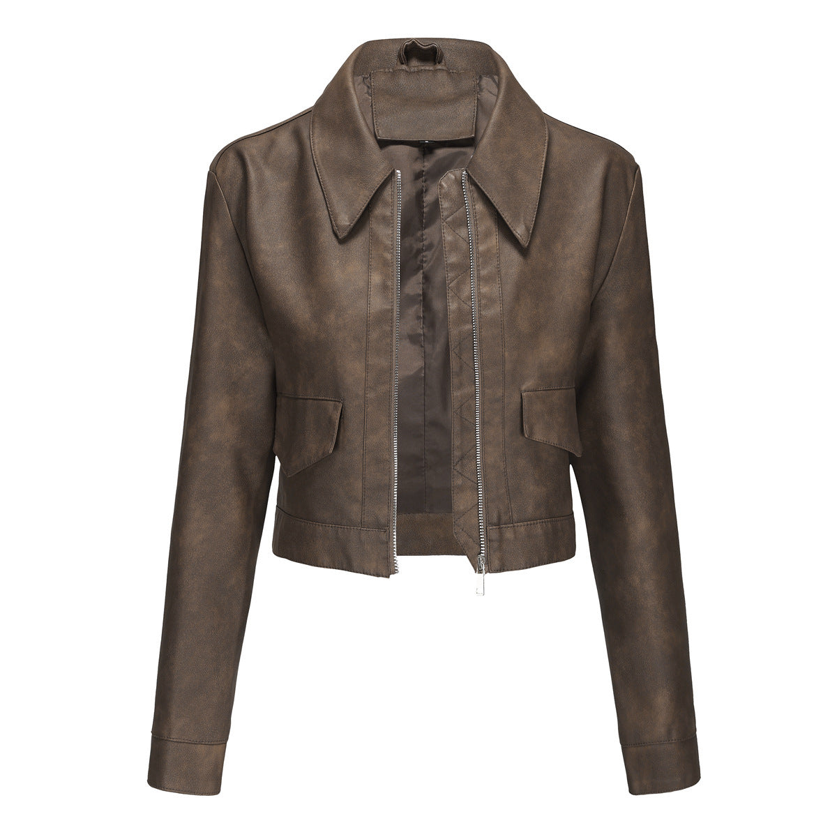 Women’s Long-sleeved Fashionable Faux Leather Jacket - Camel / S