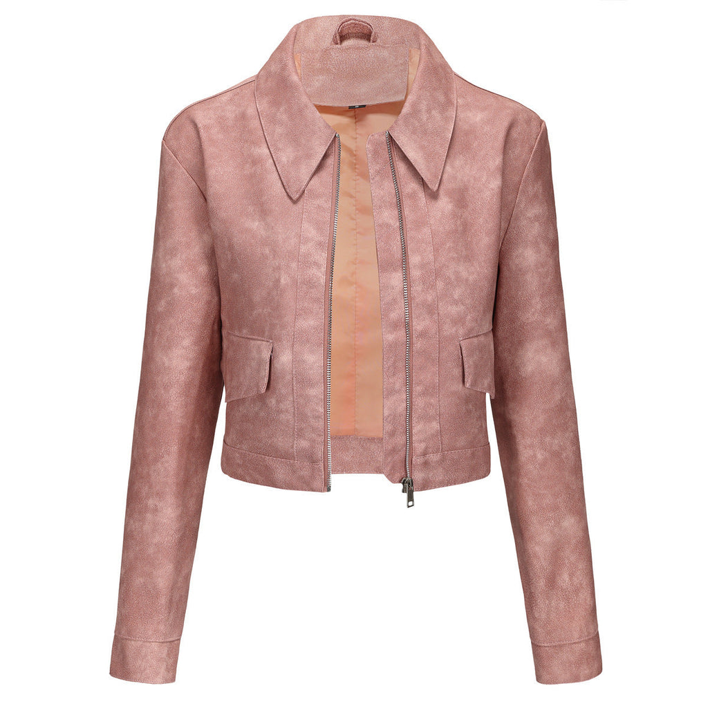 Women’s Long-sleeved Fashionable Faux Leather Jacket - Lotus Pink / S
