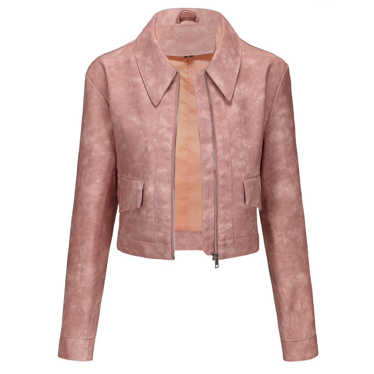 Women’s Long-sleeved Fashionable Faux Leather Jacket - Lotus Pink / S